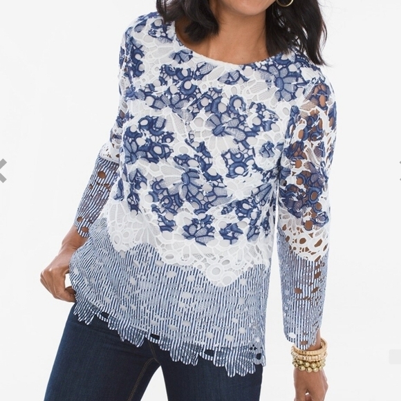 Chico's Floral Blue Printed Lace Top Flare Sleeve Prairie Coastal Modest 12/14 - Picture 2 of 12